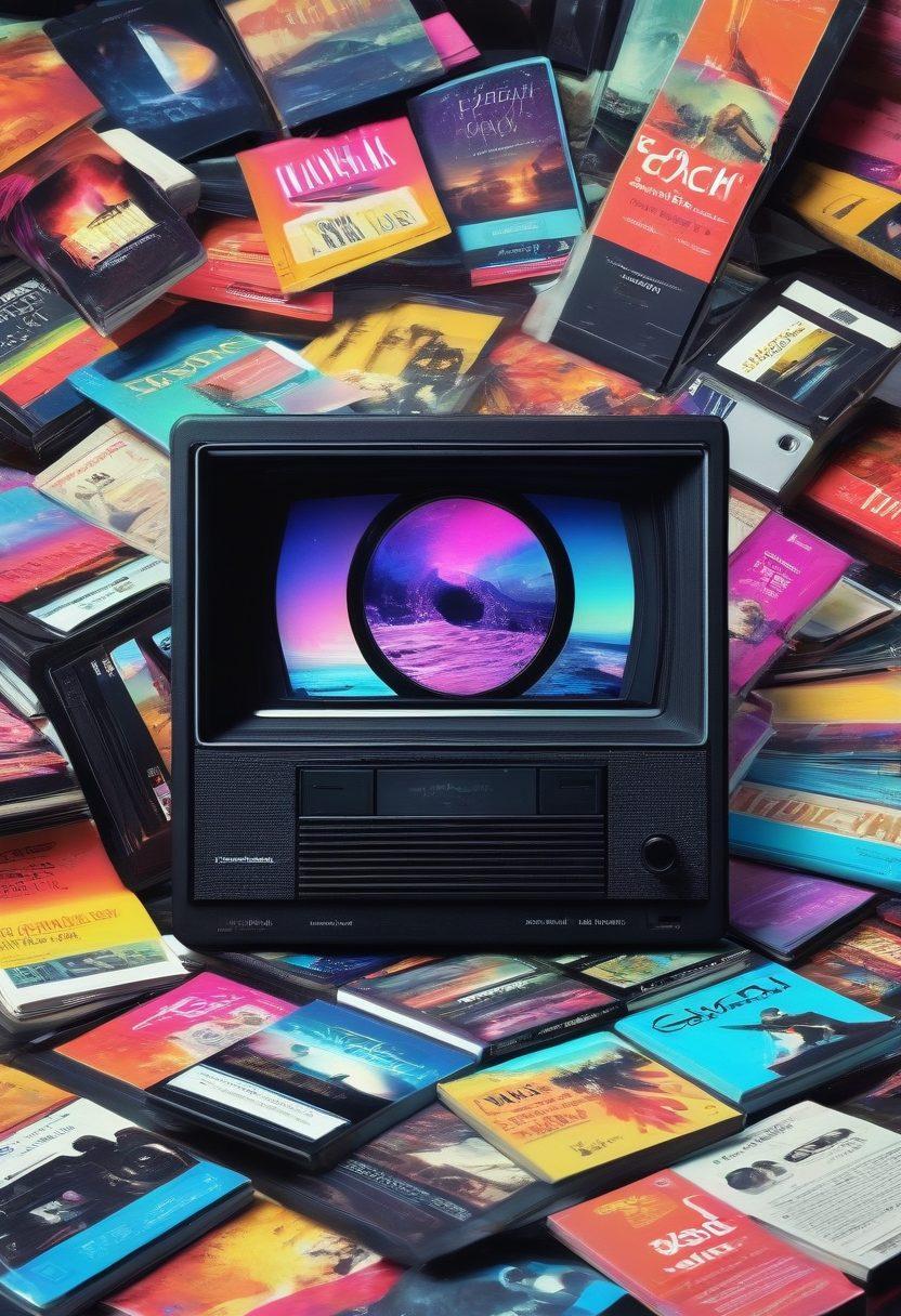 A dynamic collage representing the evolution of adult media, featuring retro VHS tapes, classic magazine covers, a sleek modern tablet displaying premium content, and an abstract digital landscape. Incorporate vibrant neon colors to reflect the transition from vintage to modern digital age, merging past and future elements. super-realistic. vibrant colors. 3D.